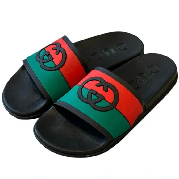Gucci Signature Classic Stripe Rubber GG Logo Interlock Slides Sandals NWT 40
